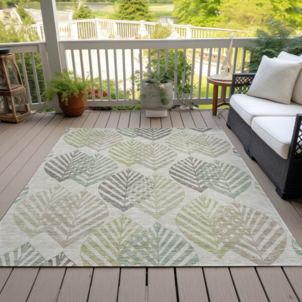 10' X 14' Taupe Beige And Artichoke Green Floral Washable Indoor Outdoor Area Rug