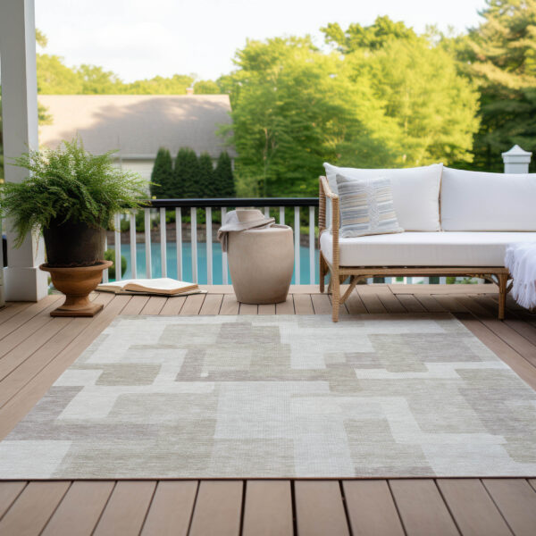 5' X 8' Beige Tan And Taupe Abstract Washable Indoor Outdoor Area Rug