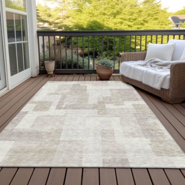 5' X 8' Beige Tan And Taupe Abstract Washable Indoor Outdoor Area Rug