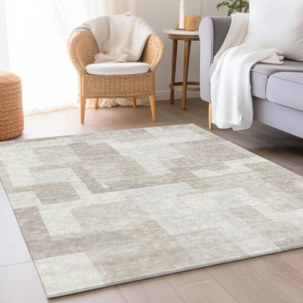 5' X 8' Beige Tan And Taupe Abstract Washable Indoor Outdoor Area Rug