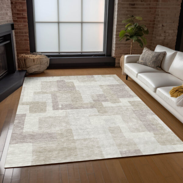5' X 8' Beige Tan And Taupe Abstract Washable Indoor Outdoor Area Rug