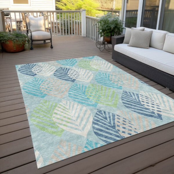 5' X 8' Teal Blue Aqua And Navy Blue Floral Washable Indoor Outdoor Area Rug