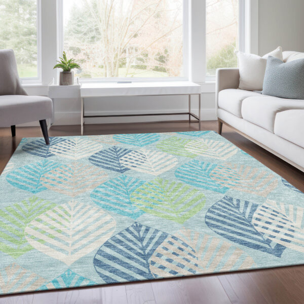 5' X 8' Teal Blue Aqua And Navy Blue Floral Washable Indoor Outdoor Area Rug