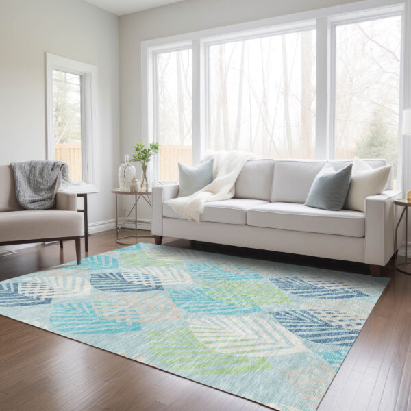 5' X 8' Teal Blue Aqua And Navy Blue Floral Washable Indoor Outdoor Area Rug