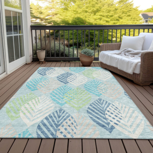 5' X 8' Teal Blue Aqua And Navy Blue Floral Washable Indoor Outdoor Area Rug