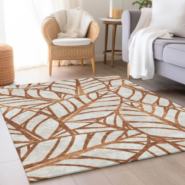 10' X 14' Orange Beige And Copper Floral Washable Indoor Outdoor Area Rug