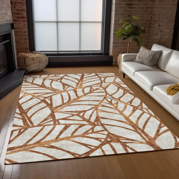 10' X 14' Orange Beige And Copper Floral Washable Indoor Outdoor Area Rug