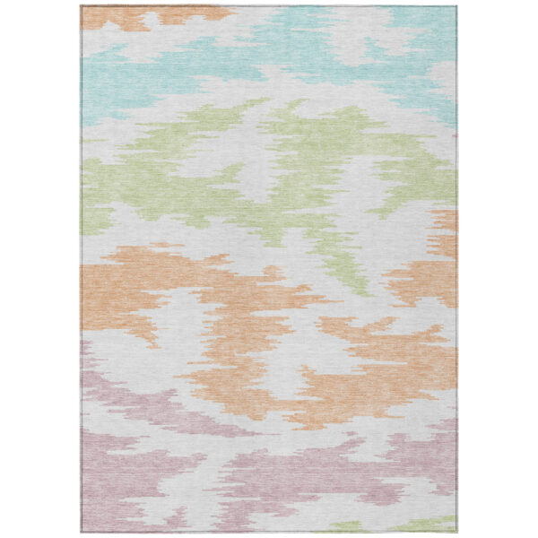 5' X 8' White Sky Blue And Artichoke Green Abstract Washable Indoor Outdoor Area Rug