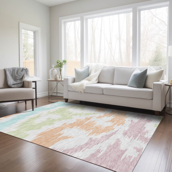 5' X 8' White Sky Blue And Artichoke Green Abstract Washable Indoor Outdoor Area Rug