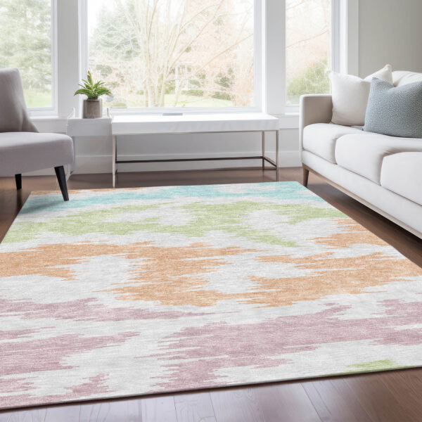 5' X 8' White Sky Blue And Artichoke Green Abstract Washable Indoor Outdoor Area Rug