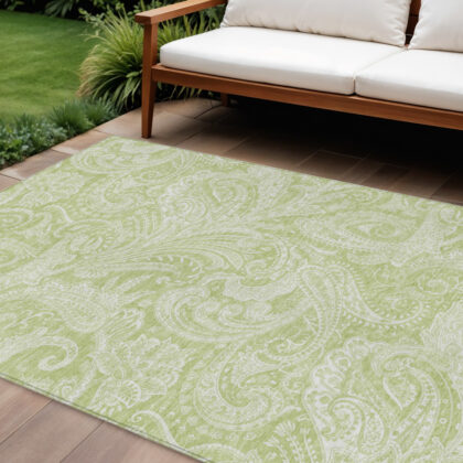 10' X 14' Green And Ivory Paisley Washable Indoor Outdoor Area Rug