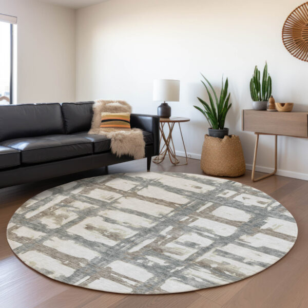 8' Silver Taupe And Gray Round Striped Washable Indoor Outdoor Area Rug