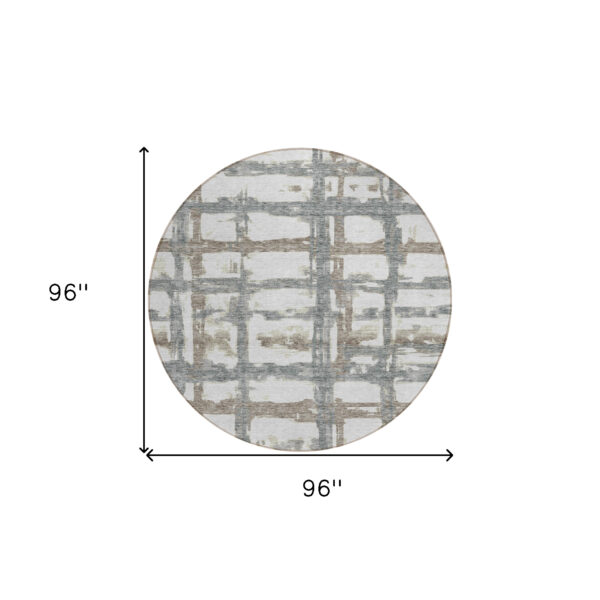 8' Silver Taupe And Gray Round Striped Washable Indoor Outdoor Area Rug