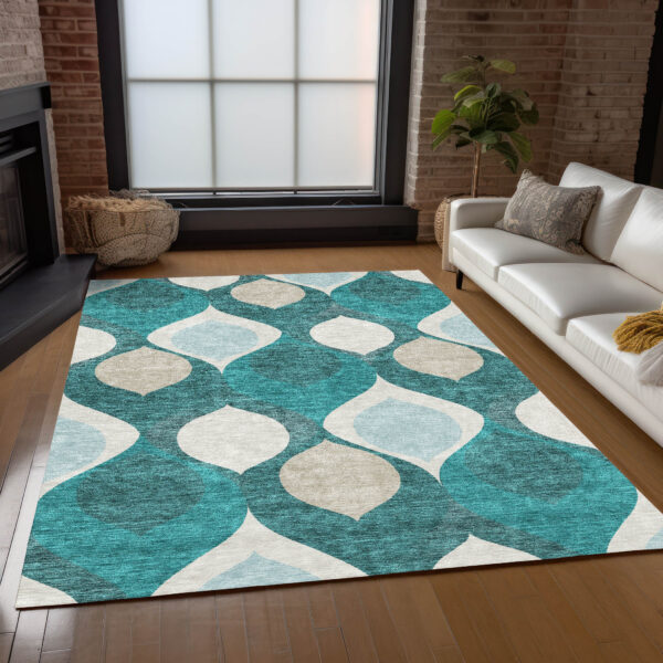 10' X 14' Teal Blue Sky Blue And Ivory Ogee Washable Indoor Outdoor Area Rug