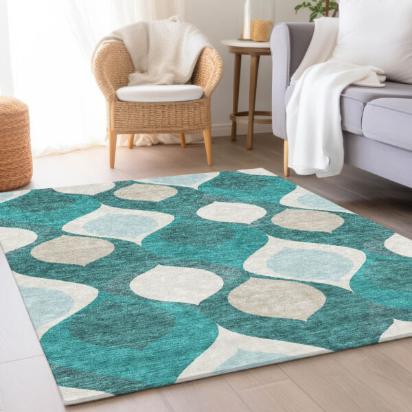 10' X 14' Teal Blue Sky Blue And Ivory Ogee Washable Indoor Outdoor Area Rug
