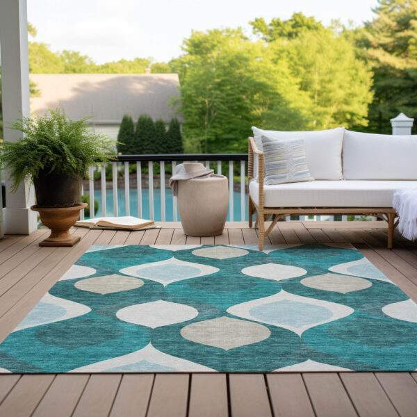10' X 14' Teal Blue Sky Blue And Ivory Ogee Washable Indoor Outdoor Area Rug