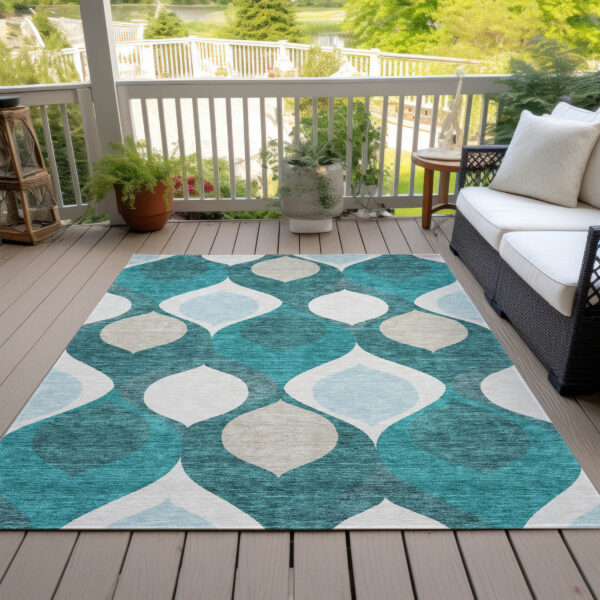 10' X 14' Teal Blue Sky Blue And Ivory Ogee Washable Indoor Outdoor Area Rug