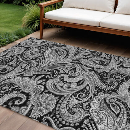 8' X 10' Black Gray And White Paisley Washable Indoor Outdoor Area Rug
