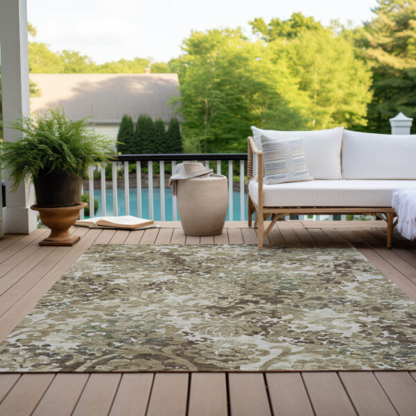 3' X 5' Beige Taupe And Brown Floral Washable Indoor Outdoor Area Rug