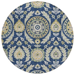8' Navy Blue Gold And Beige Round Floral Washable Indoor Outdoor Area Rug