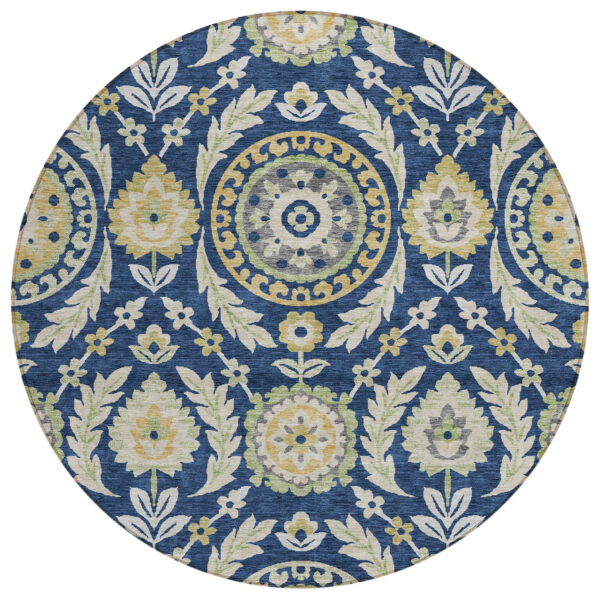 8' Navy Blue Gold And Beige Round Floral Washable Indoor Outdoor Area Rug