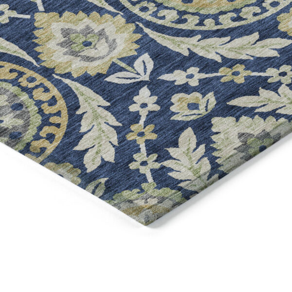 8' Navy Blue Gold And Beige Round Floral Washable Indoor Outdoor Area Rug