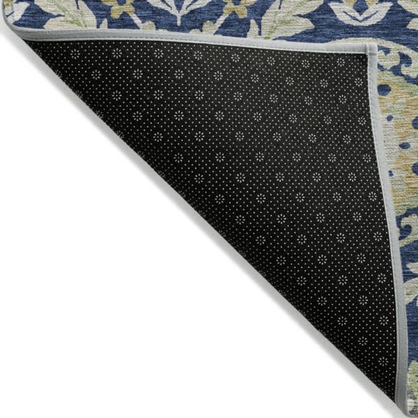 8' Navy Blue Gold And Beige Round Floral Washable Indoor Outdoor Area Rug