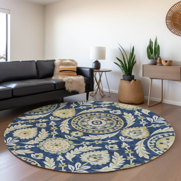 8' Navy Blue Gold And Beige Round Floral Washable Indoor Outdoor Area Rug