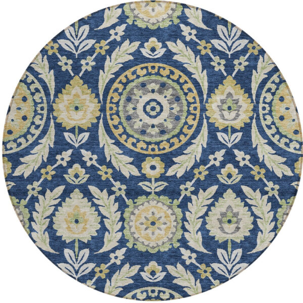 8' Navy Blue Gold And Beige Round Floral Washable Indoor Outdoor Area Rug