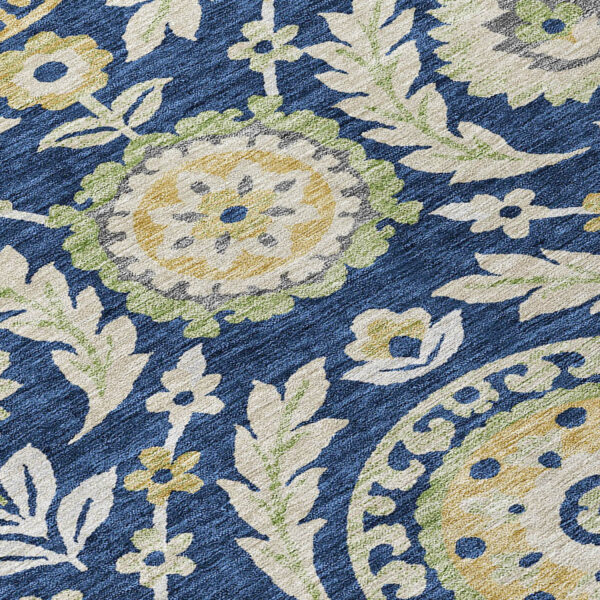 8' Navy Blue Gold And Beige Round Floral Washable Indoor Outdoor Area Rug