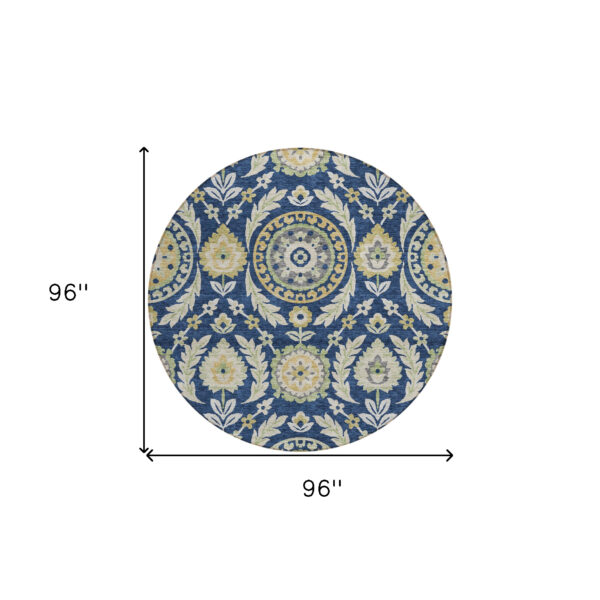 8' Navy Blue Gold And Beige Round Floral Washable Indoor Outdoor Area Rug