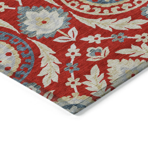 8' X 10' Red Beige And Navy Blue Floral Washable Indoor Outdoor Area Rug
