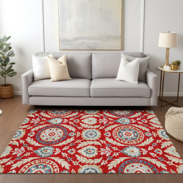 8' X 10' Red Beige And Navy Blue Floral Washable Indoor Outdoor Area Rug