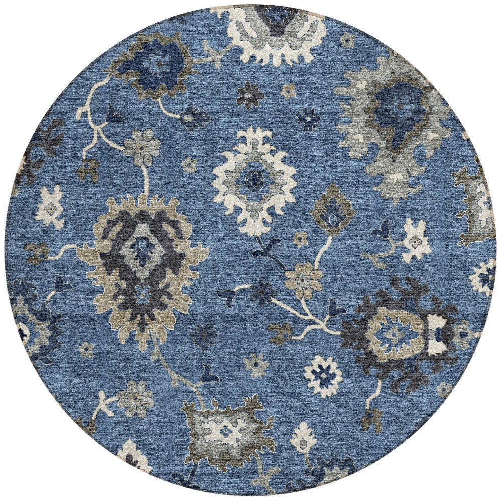 8' Blue Gray And White Round Floral Washable Indoor Outdoor Area Rug