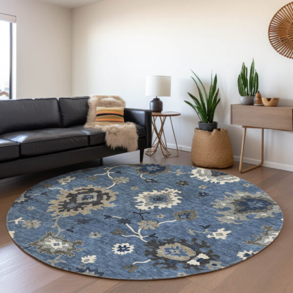 8' Blue Gray And White Round Floral Washable Indoor Outdoor Area Rug