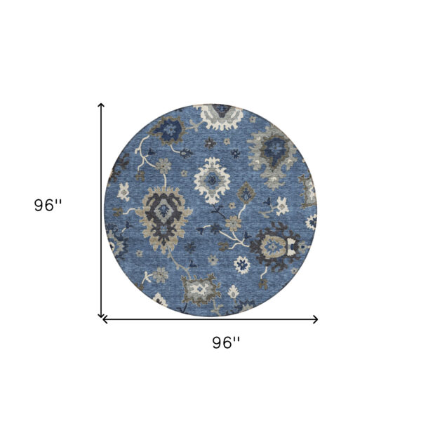 8' Blue Gray And White Round Floral Washable Indoor Outdoor Area Rug