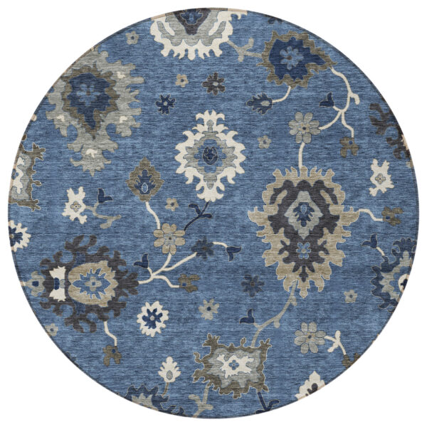 8' Blue Gray And White Round Floral Washable Indoor Outdoor Area Rug