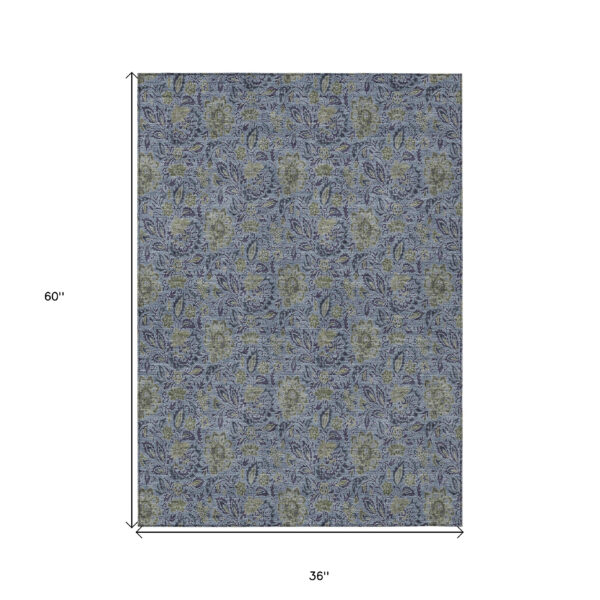 3' X 5' Denim Blue Navy Blue And Gray Floral Washable Indoor Outdoor Area Rug