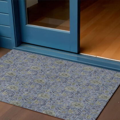 3' X 5' Denim Blue Navy Blue And Gray Floral Washable Indoor Outdoor Area Rug