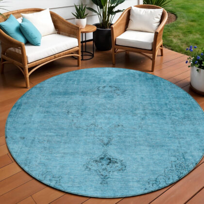 8' Denim Blue And Navy Blue Round Oriental Washable Indoor Outdoor Area Rug