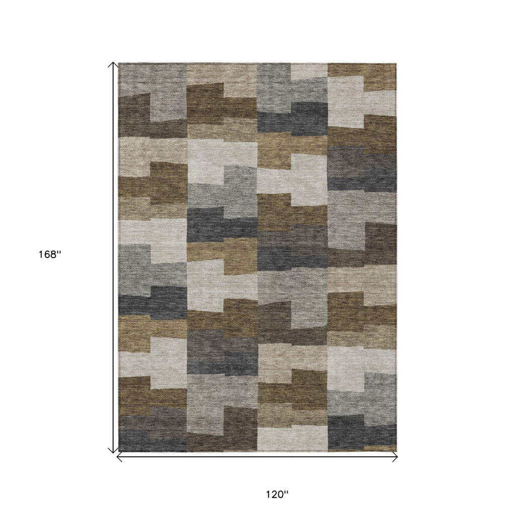 10' X 14' Brown Beige And Ivory Geometric Washable Indoor Outdoor Area Rug