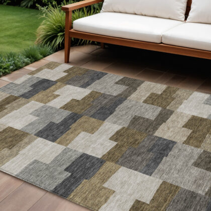 10' X 14' Brown Beige And Ivory Geometric Washable Indoor Outdoor Area Rug