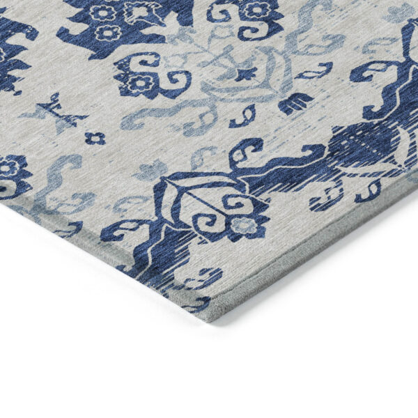 8' Navy Blue Beige And Denim Blue Round Oriental Washable Indoor Outdoor Area Rug