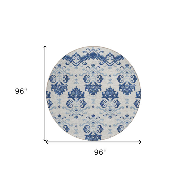8' Navy Blue Beige And Denim Blue Round Oriental Washable Indoor Outdoor Area Rug