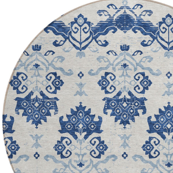 8' Navy Blue Beige And Denim Blue Round Oriental Washable Indoor Outdoor Area Rug