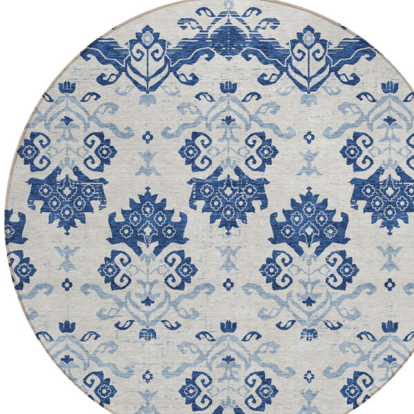 8' Navy Blue Beige And Denim Blue Round Oriental Washable Indoor Outdoor Area Rug