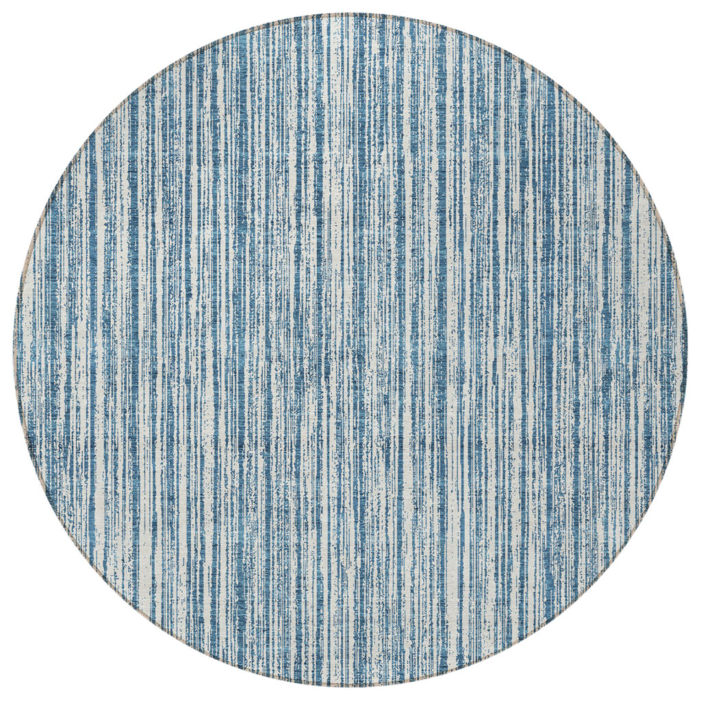 8' Blue And Ivory Round Striped Washable Indoor Outdoor Area Rug