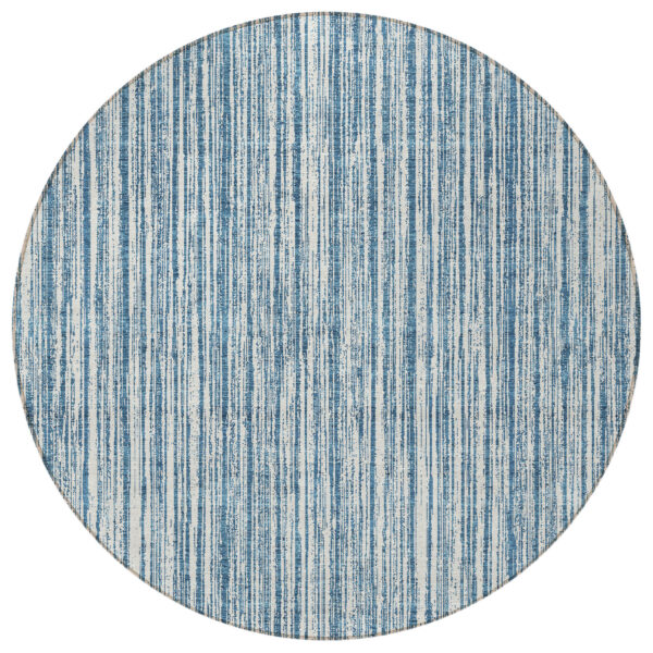 8' Blue And Ivory Round Striped Washable Indoor Outdoor Area Rug
