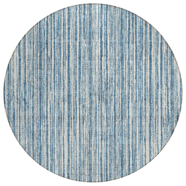 8' Blue And Ivory Round Striped Washable Indoor Outdoor Area Rug