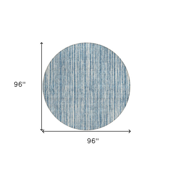 8' Blue And Ivory Round Striped Washable Indoor Outdoor Area Rug